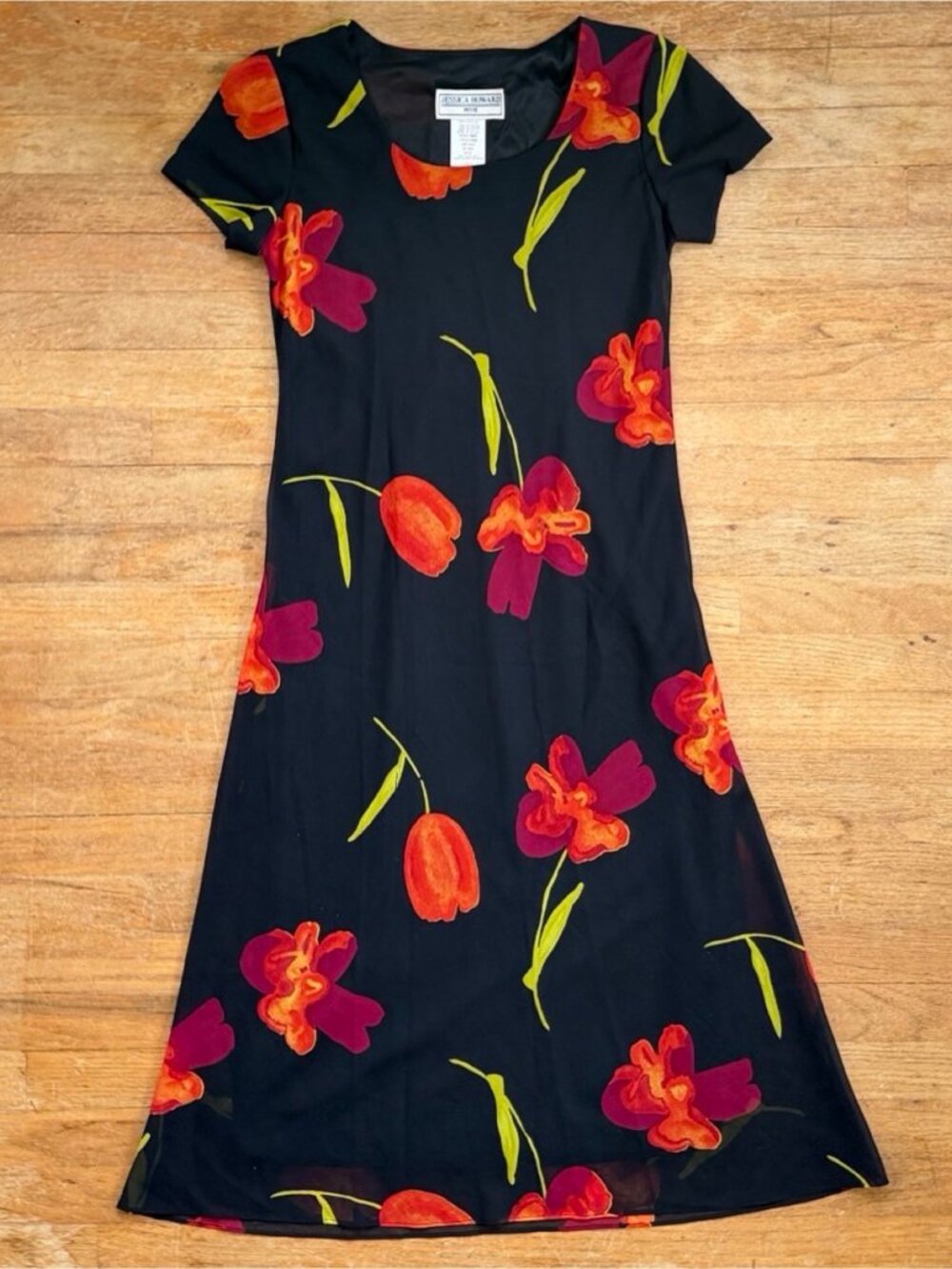Vintage Bias Cut Floral Print Dress Size Small Black Tulip Cottagecore Midi